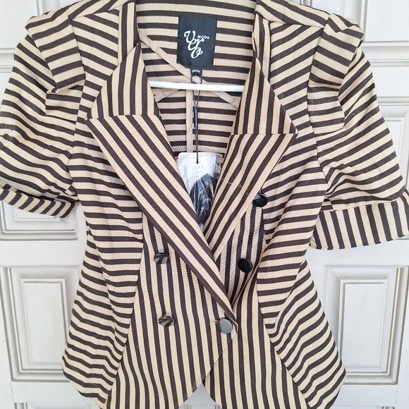 Vero Moda Jacket SzXS Stripe Blk/Tan Collar/Dbl Breasted Short Sleeves NWT - Picture 8 of 8